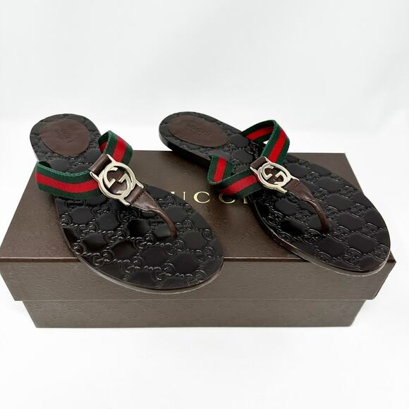 Gucci GG Thong Web Stripe Sandals Flip Flops - Picture 2 of 12